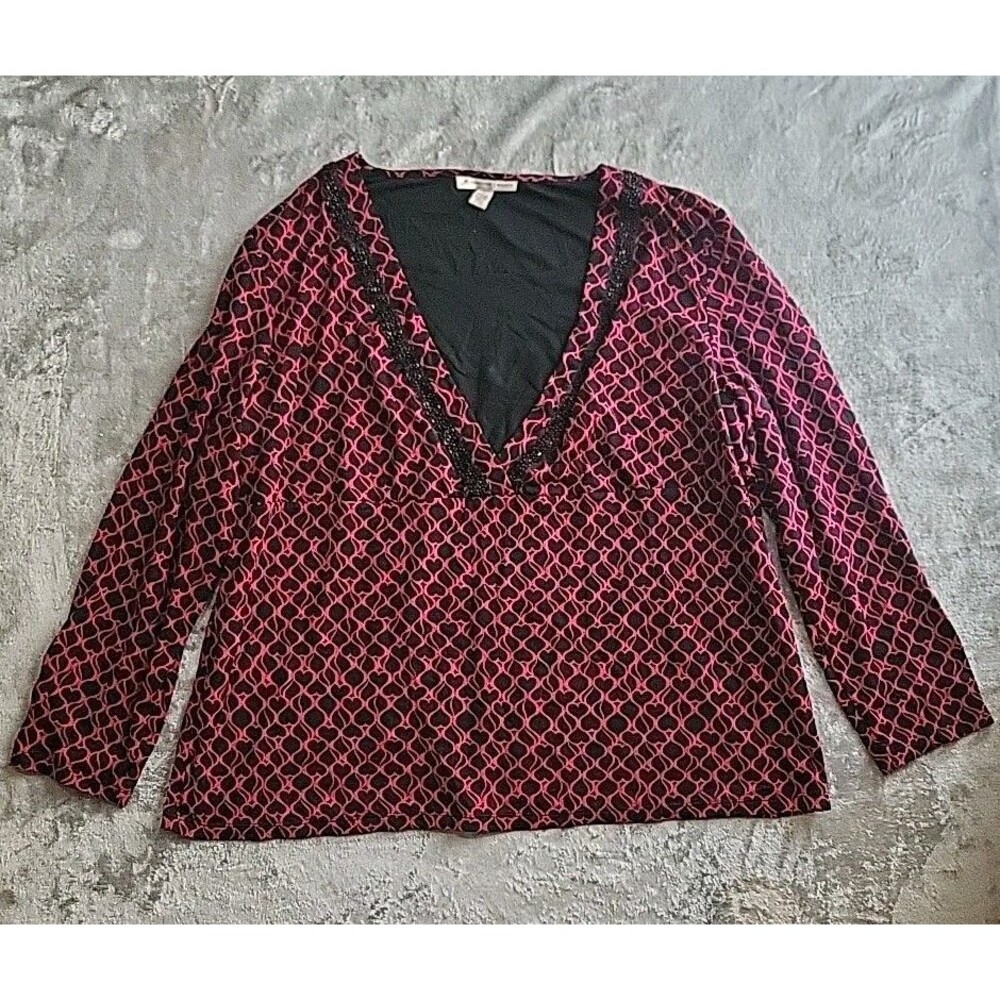 JM COLLECTION Blouse Women's Plus 2x Stretch Nylon Heart Beads Black Pink